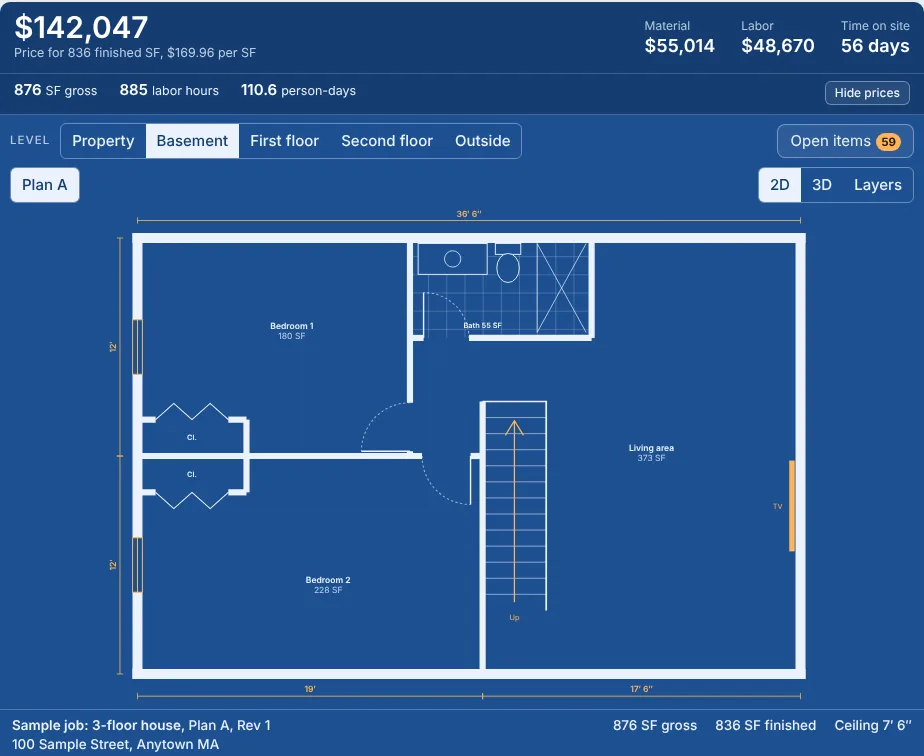 A basement plan drawn to scale, with the price, labor and days on site above it